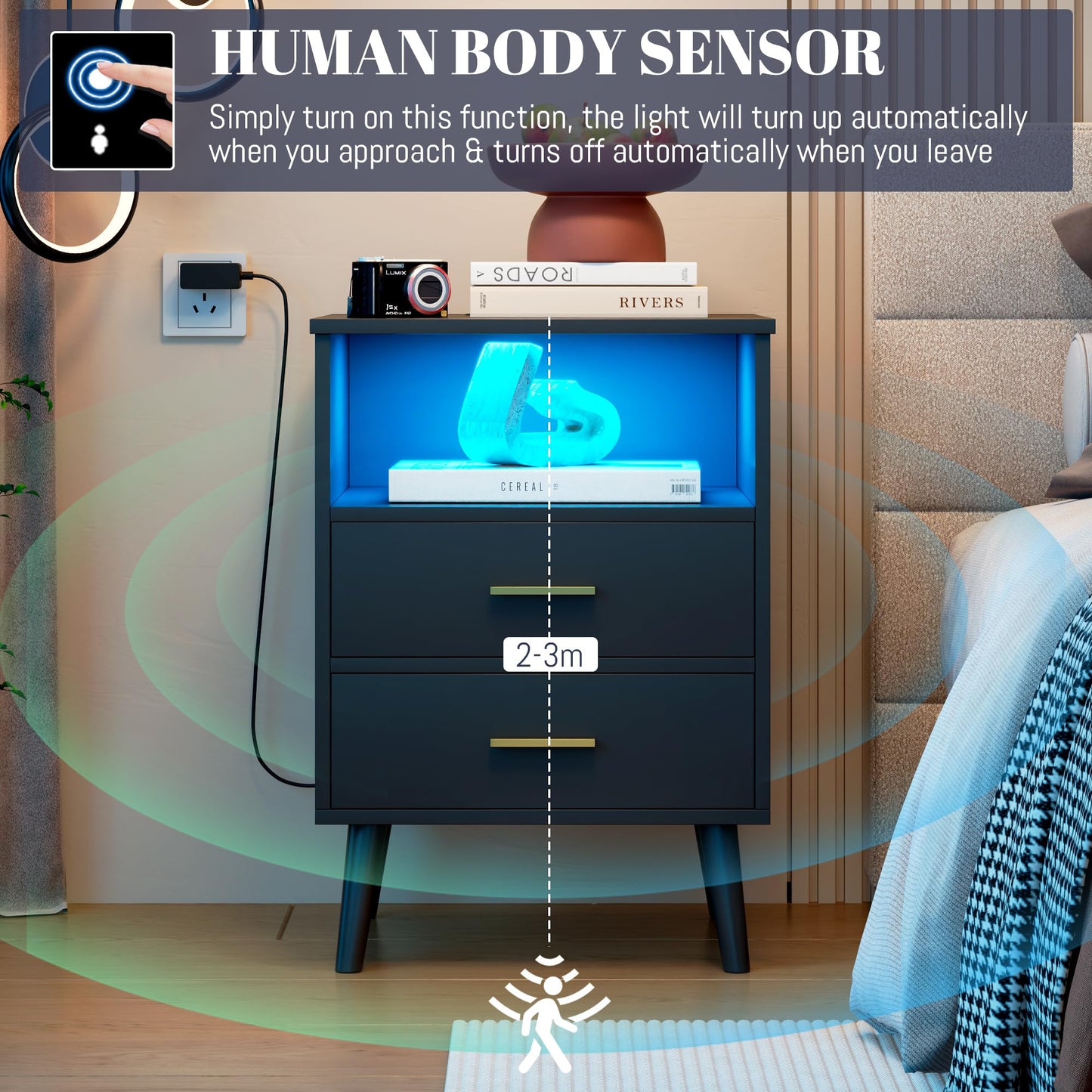 LVSOMT Black Nights Stand with Gun Drawer, Bedroom LED Nightstand with Charging Station, Bedside Table with Metal Legs, Wood Sofa Couch End Side Table