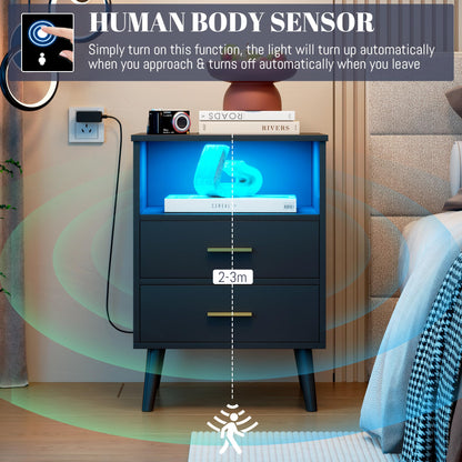 LVSOMT Black Nights Stand with Gun Drawer, Bedroom LED Nightstand with Charging Station, Bedside Table with Metal Legs, Wood Sofa Couch End Side Table