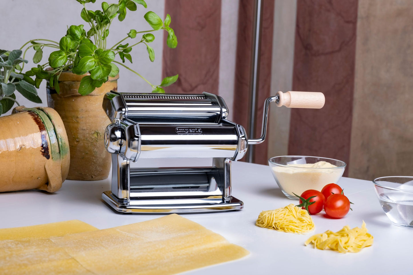 Imperia Pasta Maker Machine- 100% Made in Italy, Heavy Duty Steel Construction, Easy Lock Dial, Wood Grip Handle & Cleaning Brush- Fresh Homemade Italian Spaghetti Fettuccine or Lasagna (Classic Line)