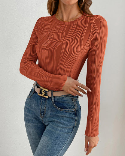 PRETTYGARDEN Women's Tops 2025 Fall Fashion Long Sleeve Crewneck Blouse Slim Fit Textured Basic Knit T Shirt Y2k Clothes(Brick Red,Medium)