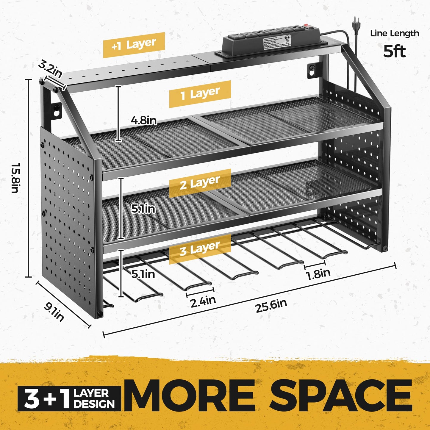 LBT 4 Layer Power Tool Organizer Wall Mount With Charging Station, Patented, 6 Outlet Power Strip, 6 Drill Holder, Heavy Duty Metal Garage Tool Storage Rack, Gifts For Men Fathers Day