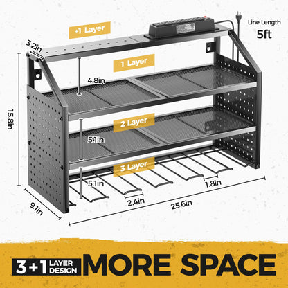 LBT 4 Layer Power Tool Organizer Wall Mount With Charging Station, Patented, 6 Outlet Power Strip, 6 Drill Holder, Heavy Duty Metal Garage Tool Storage Rack, Gifts For Men Fathers Day