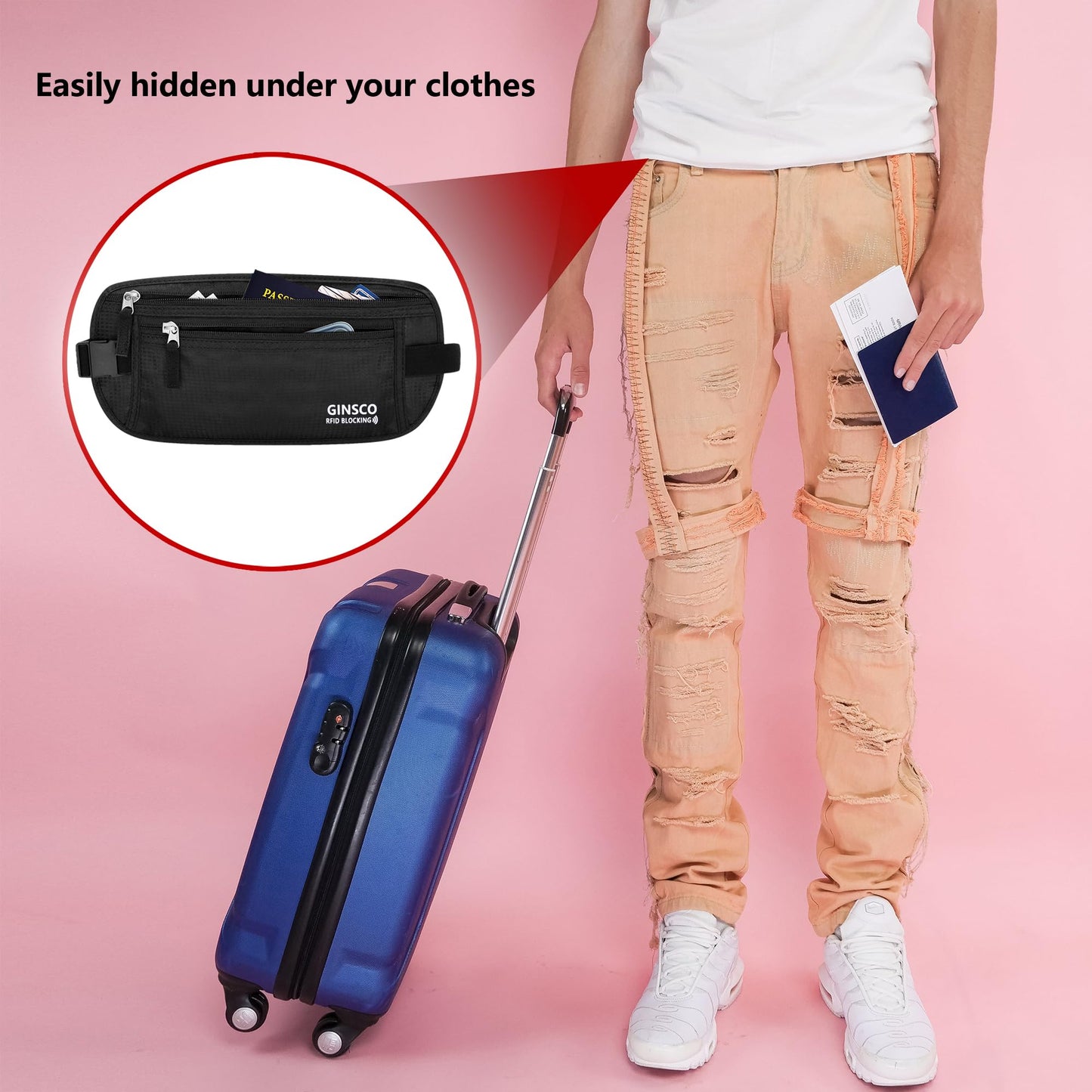 Money Belt for Travel Women Hidden Ginsco Slim RFID Blocking Passport Holder Unisex Travel Money Belt Under Clothes Anti Theft Travel Hidden Wallet for Travelling Workout Running Black 11''