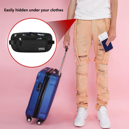 Money Belt for Travel Women Hidden Ginsco Slim RFID Blocking Passport Holder Unisex Travel Money Belt Under Clothes Anti Theft Travel Hidden Wallet for Travelling Workout Running Black 11''