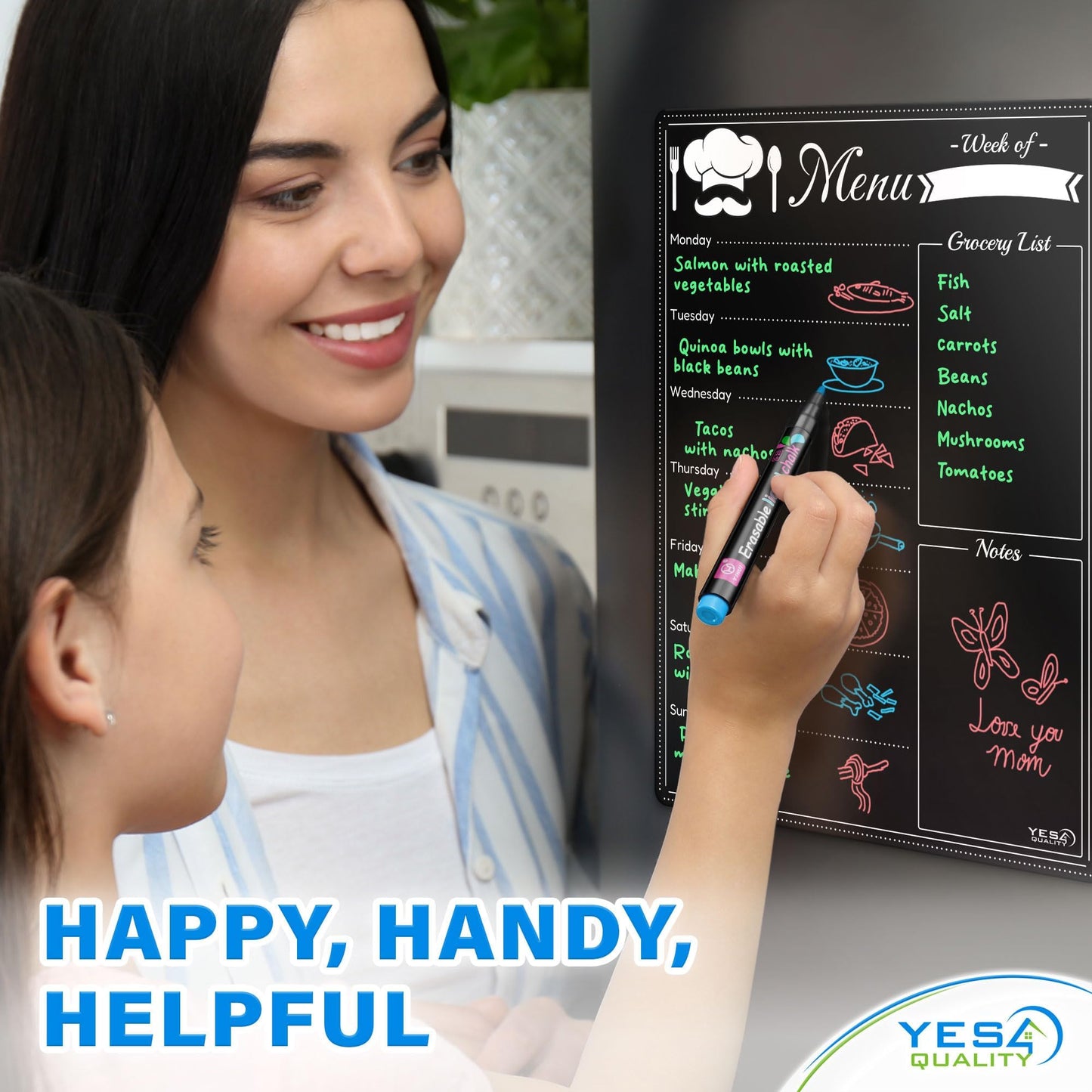 Magnetic Dry Erase Menu Board for Fridge (16x12) - Weekly Meal Planner Blackboard w/ 4 Magnetic Chalk Markers & Wiping Cloth - Chalkboard Organizer for Dinner Menus & Grocery Lists by Yes4Quality