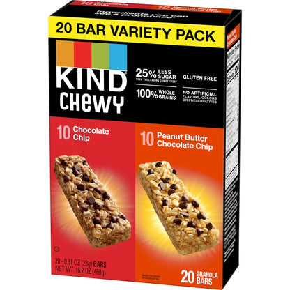 KIND Chewy Granola Bars, Variety Pack, Chocolate Chip and Peanut Butter Chocolate Chip, Gluten Free, 100 Calories, Whole Grains and Oats, 20 Count