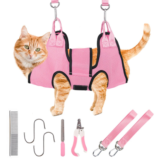PatiencET Dog Grooming Hammock, Pet Grooming Hammock for Cats & Dogs with Security Strap, Dog Sling for Nail Trimming with Nail Clippers/Trimmer, Nail File, Pet Comb(Pink XS)
