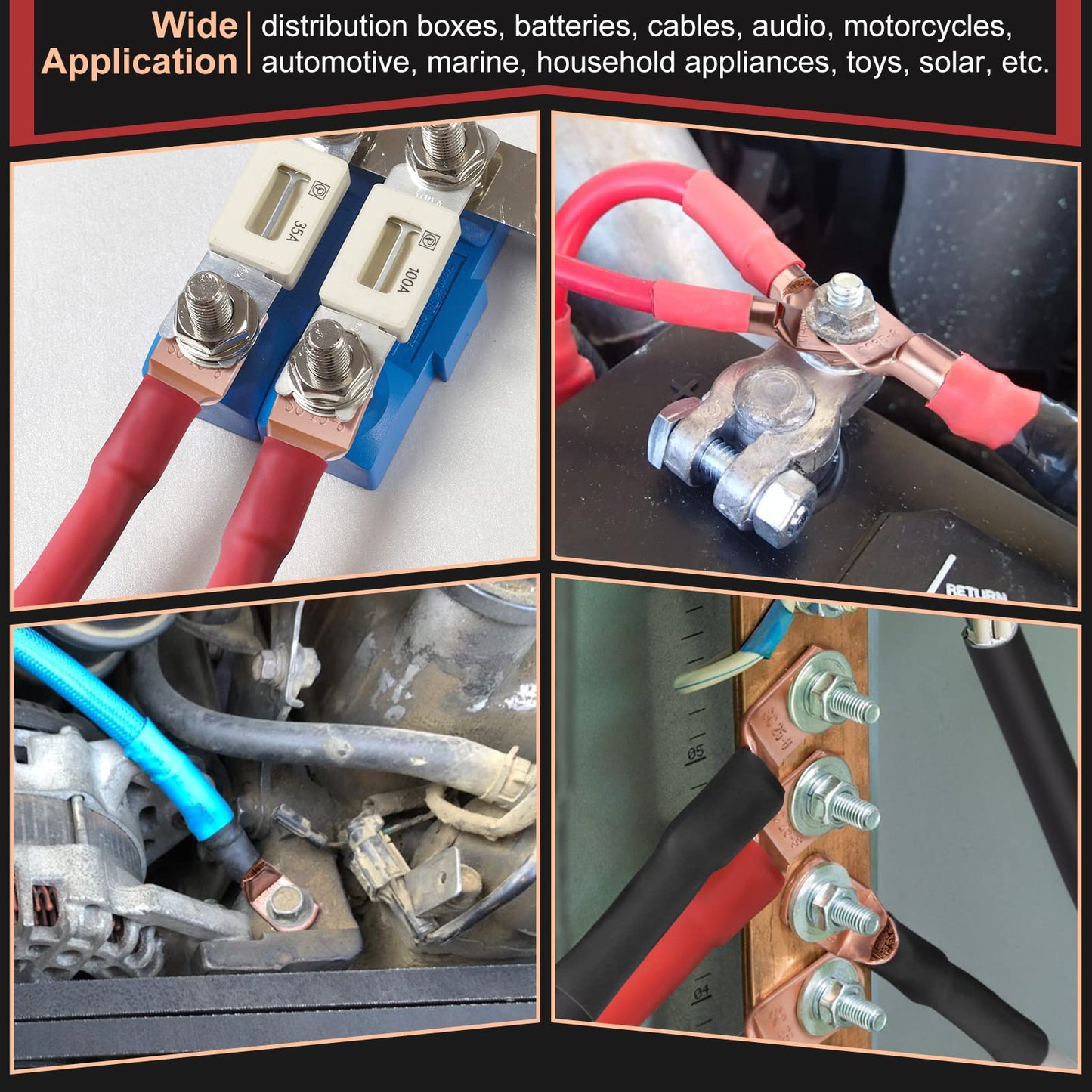 150pcs Battery Cable Ends, Copper Wire Lugs Assortment Kit AWG 2 4 6 8 10 Gauge - 70Pcs Battery Cable Lugs Ring Wire Terminal Connectors and 80Pcs Heat Shrink Tubing Kit for Marine Electrical Supplies