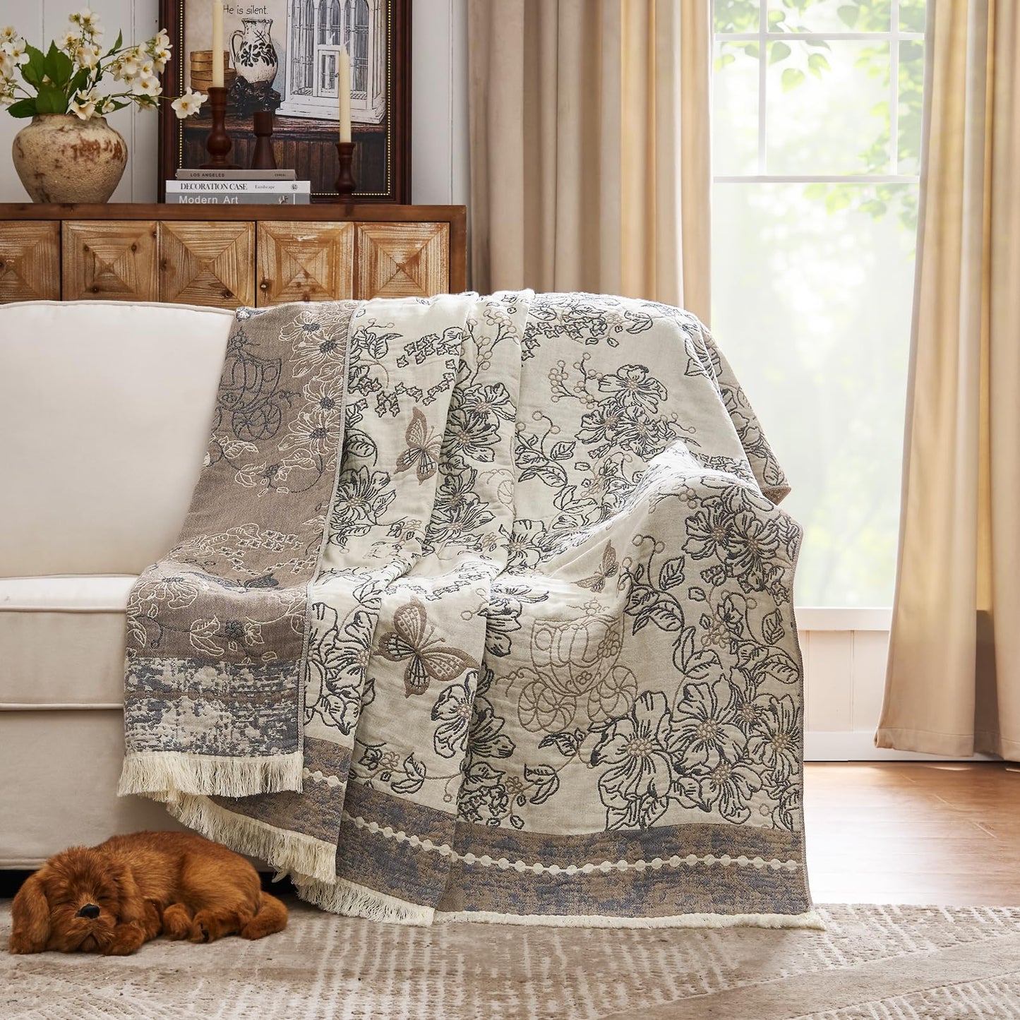 jinchan Boho Floral 100% Cotton Blanket 4-Layer Throw Blanket with Tassel Grey and White Flower Butterfly Soft Luxury Rustic Farmhouse Decor Blanket for Couch Bed 60x80 inch All Season Gift for Women