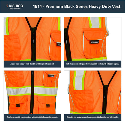 Kishigo Premium Black Series Heavy Duty Unisex Reflective Safety Vest 1514, ANSI Type R / Class 2 Compliant, 6 Pockets - Pencil & Radio Pockets, Reflective Silver Lining & Black Trim (Orange, XL)
