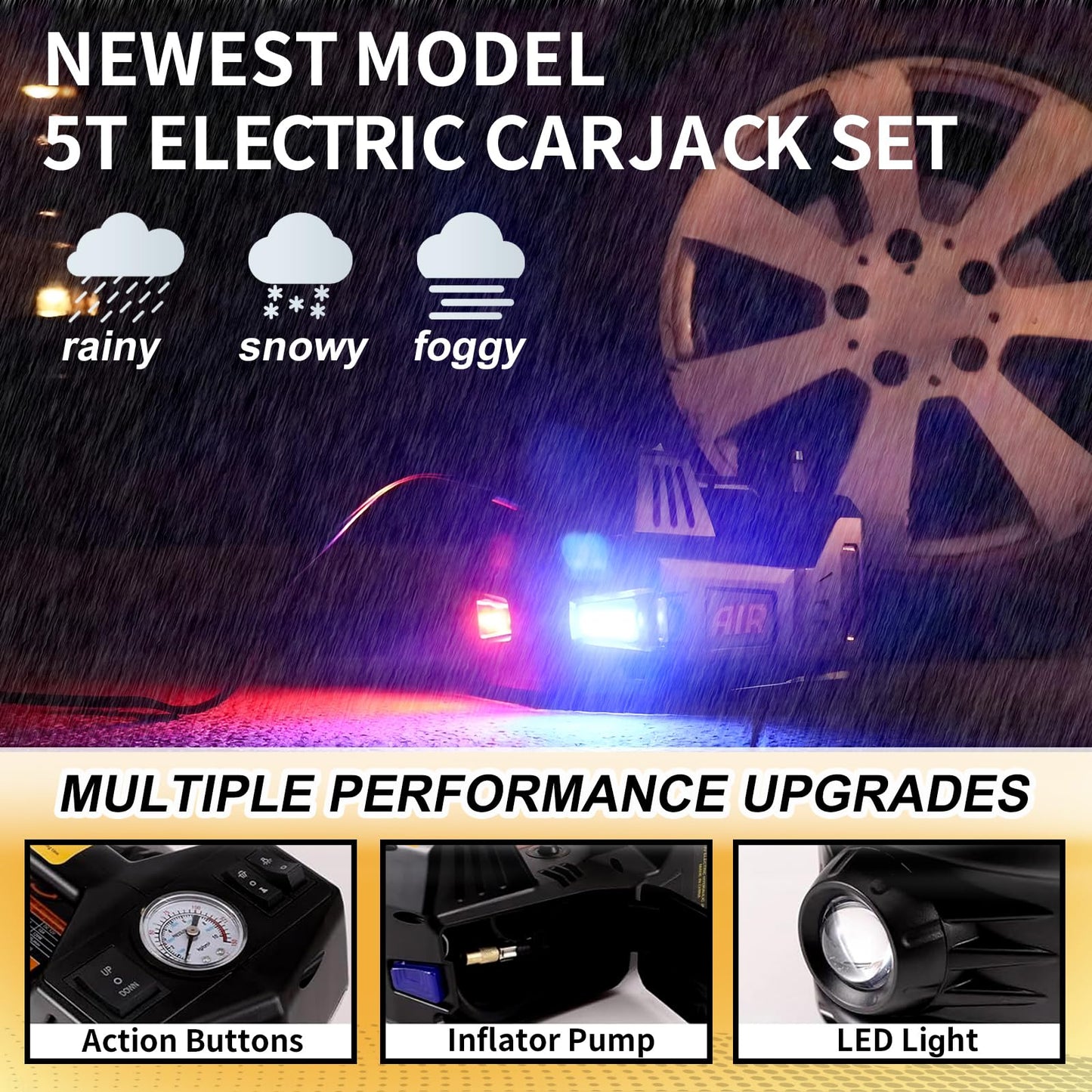 ROGTZ Electric Hydraulic Car Jack Kit 5 Ton 12V Portable Lift Range 17.7 Inch with Impact Wrench and Tire Inflator Pump for SUV Sedan Truck Car Repair Floor Jack for Vehicle Tire Change with LED Light