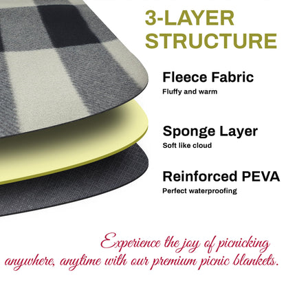 PortableAnd Picnic Blankets, 3 Layer Soft Fleece Blanket for Beach,Camping on Grass, Waterproof, Sandproof, Best Gift for Couple & Families, Black and Gray Checkered