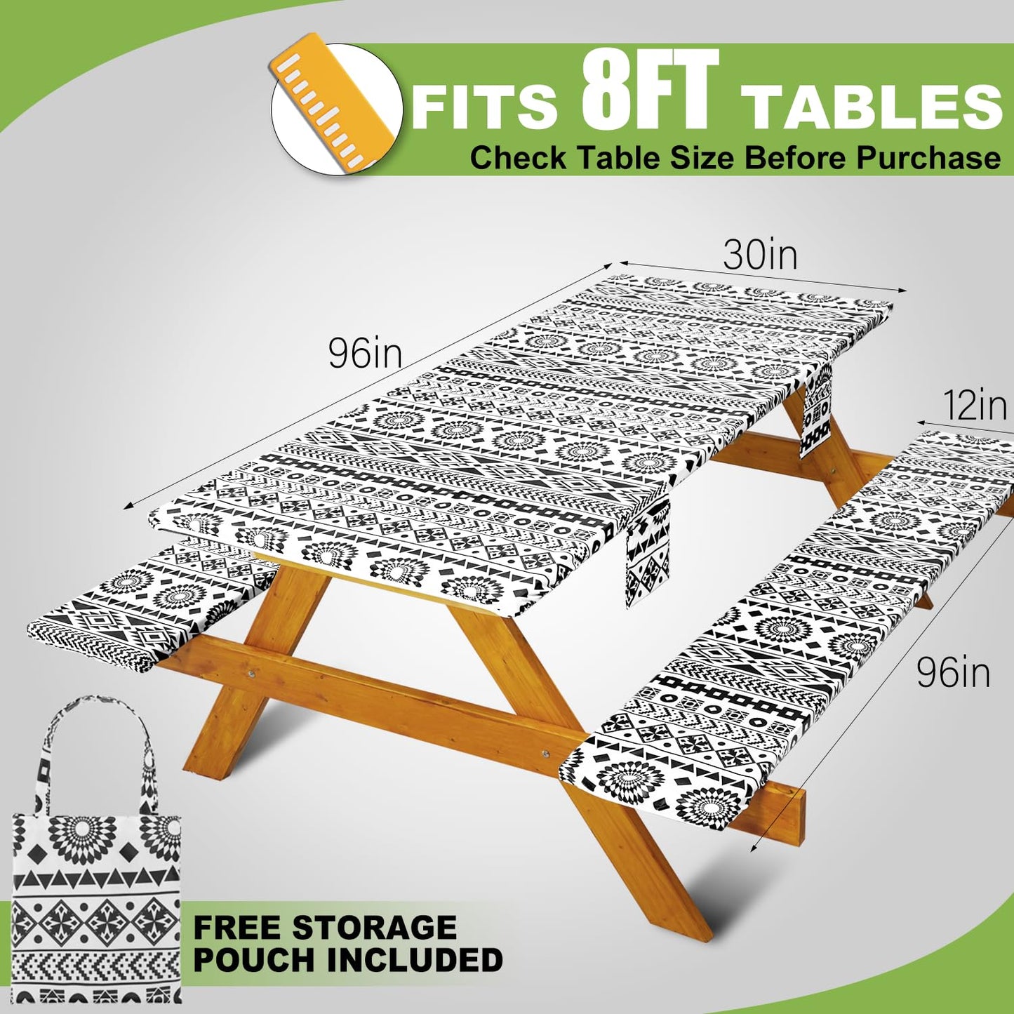 Picnic Table Cover with Bench Covers Vinyl Elastic Edges Fitted Rectangle Tables Seat Waterproof 3-Piece96X30in Set Outdoor Rectangular Folding Backing Tablecloth for Camping Over Size BlackGeometrics