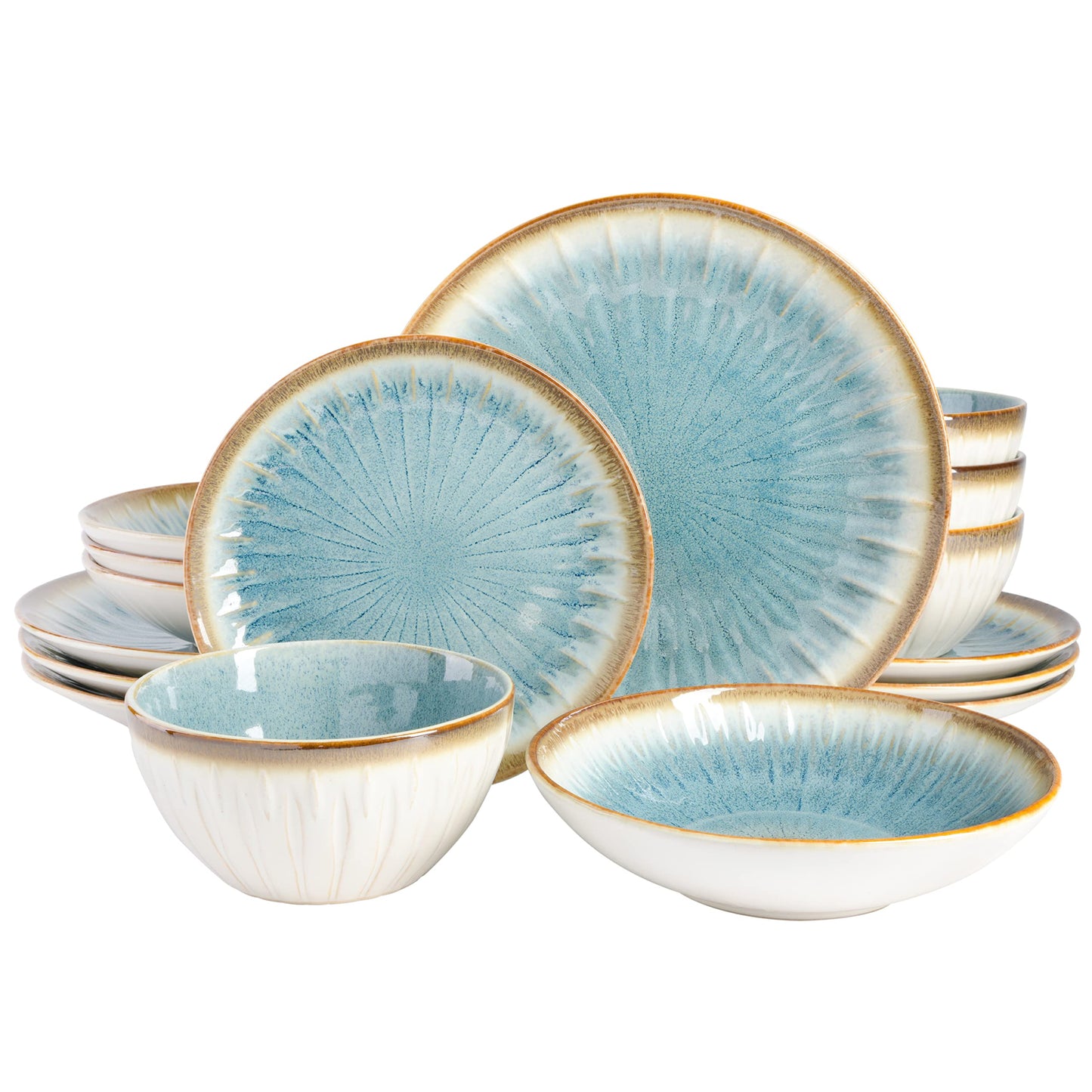 Gibson Elite Mayfair Bay Embossed Double Bowl Dinnerware Set, Service for 4 (16pcs), Blue