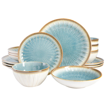 Gibson Elite Mayfair Bay Embossed Double Bowl Dinnerware Set, Service for 4 (16pcs), Blue
