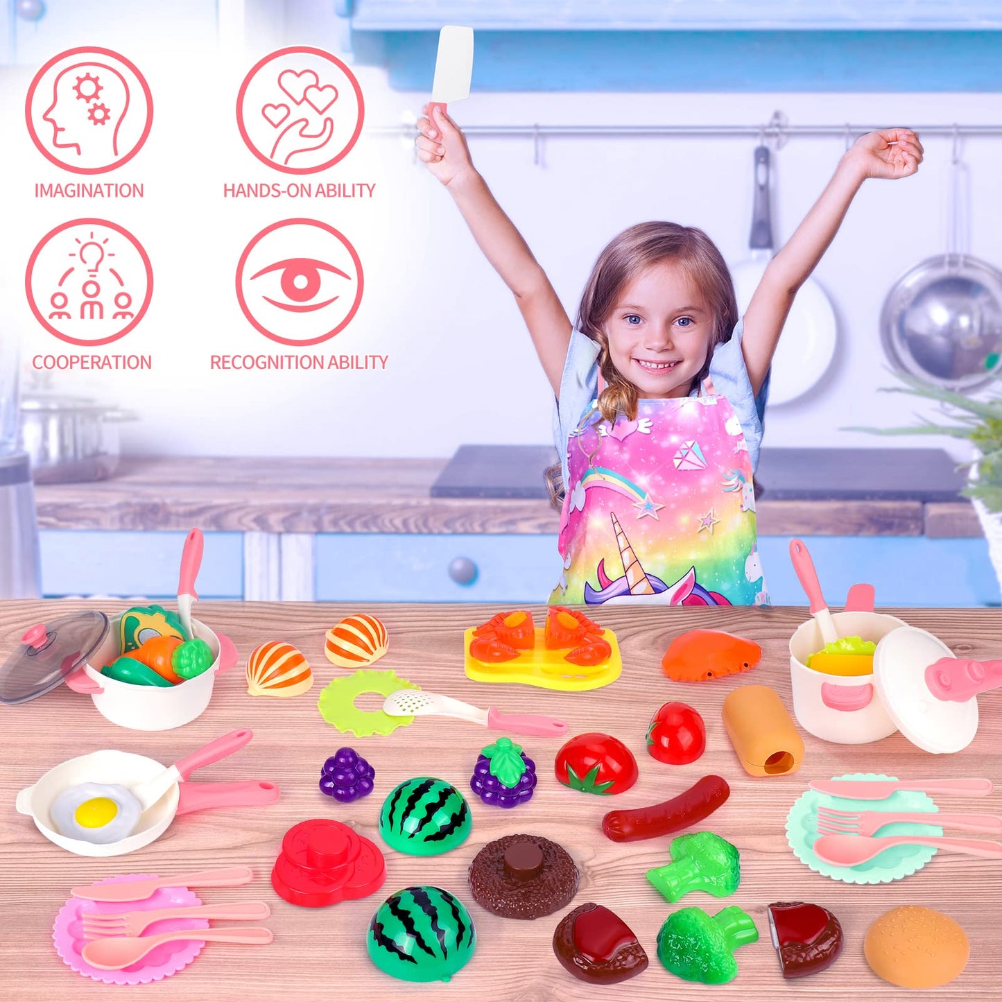 Meaicezli Kids Play Kitchen Accessories Set, Pretend Kids Pots and Pans Playset Toddler Cooking Set Play Kitchen Toys with Fake Play Food Dishes Utensils for Girls Boys Ages 1 2 3 4 5 6 7 8, Pink