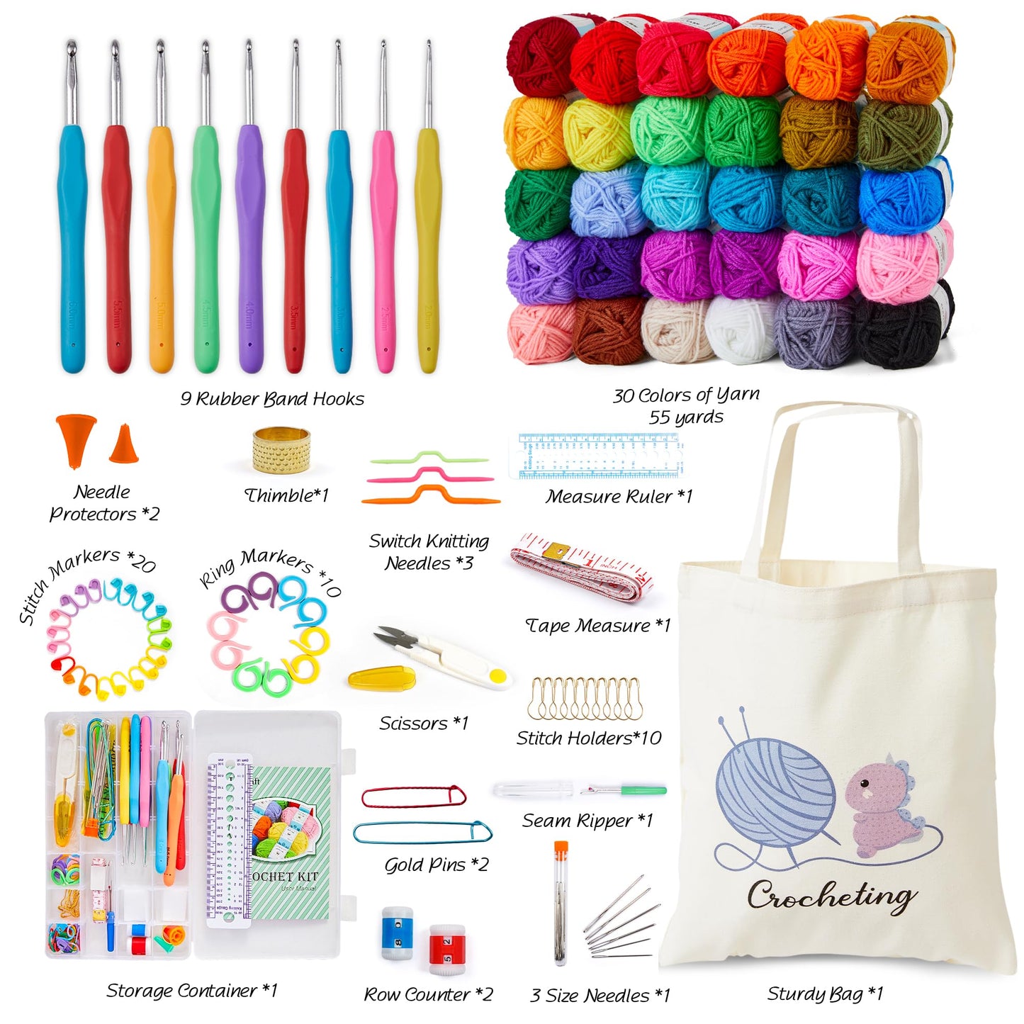 INSCRAFT Crochet Kit for Beginners Adults, 30 Acrylic Yarn Skeins 1650 Yards Yarn, 105 PCS Crochet Kit with Hooks Yarn Set,includes Canvas Tote Bag, Ideal Starter Pack for Kids Professionals