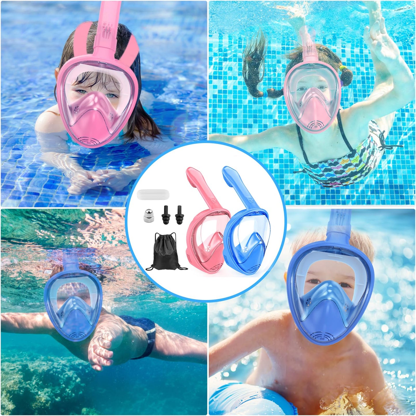 Kids Snorkel Mask Full Face, Snorkeling Gear for Kids 2-14 with Camera Mount, 180 Degree Panoramic View Snorkeling Set Anti-Fog Anti-Leak (Blue Pink)
