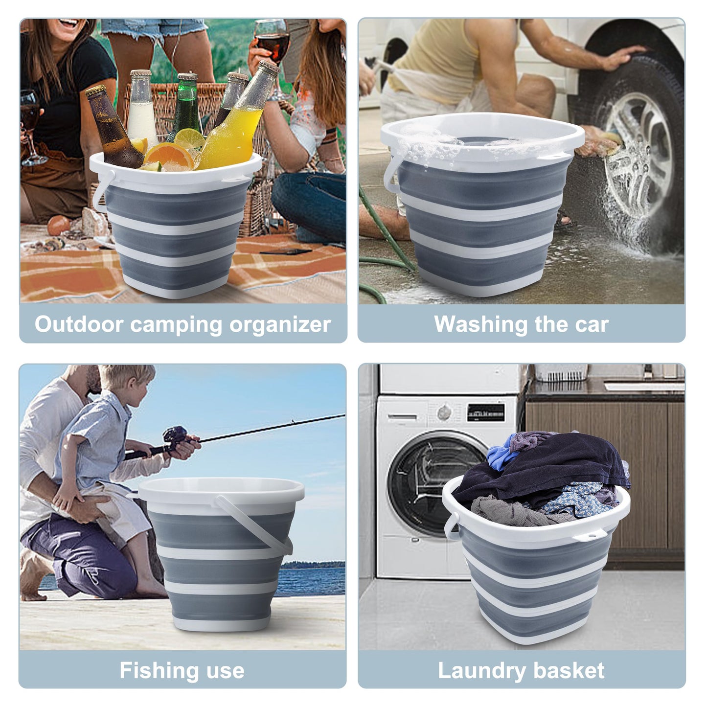 Goderewild Collapsible Bucket, 2.6 Gallon (10L) - Square Foldable Mop Bucket for House Cleaning, Car Washing, Camping - Portable Water Pail for Outdoor, RV, Travel (Grey)