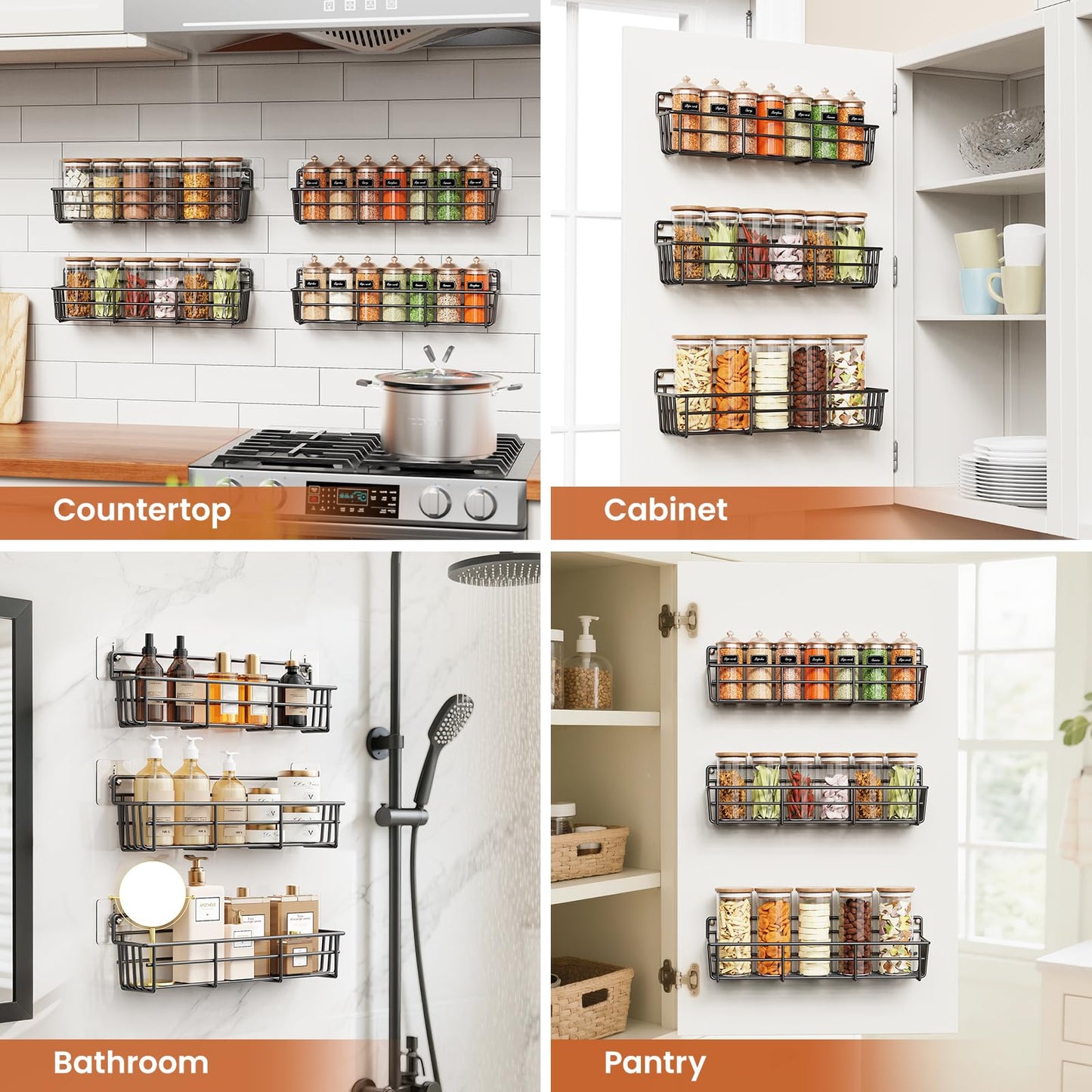 Mystozer 5 Pack Spice Rack Seasoning Organizer Wall Mount, Screw or Adhesive Hanging Shelf Basket Spice Organizer Shelf for Kitchen, Black