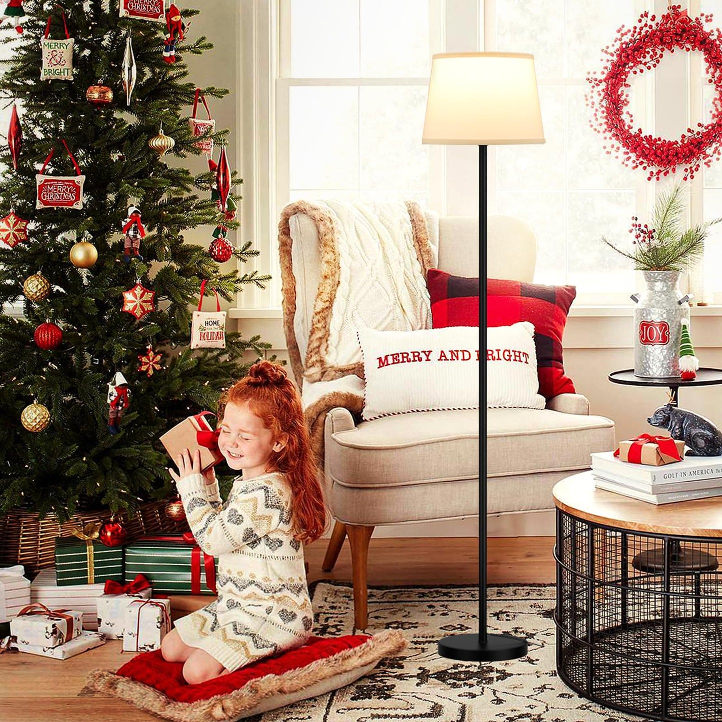 Raexpectis Modern Floor Lamp with Adjustable Brightness, Remote Control, Black, LED Bulbs, White Shade, Foot Switch, Easy Assembly