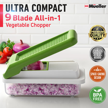 Mueller Vegetable Chopper 9 Blade, Mandoline Slicer, Food Veggie Chopper, Cheese Grater, Onion Vegetable Cutter with Container, Dicer, Kitchen Gadgets & Essentials, White Sand/Green