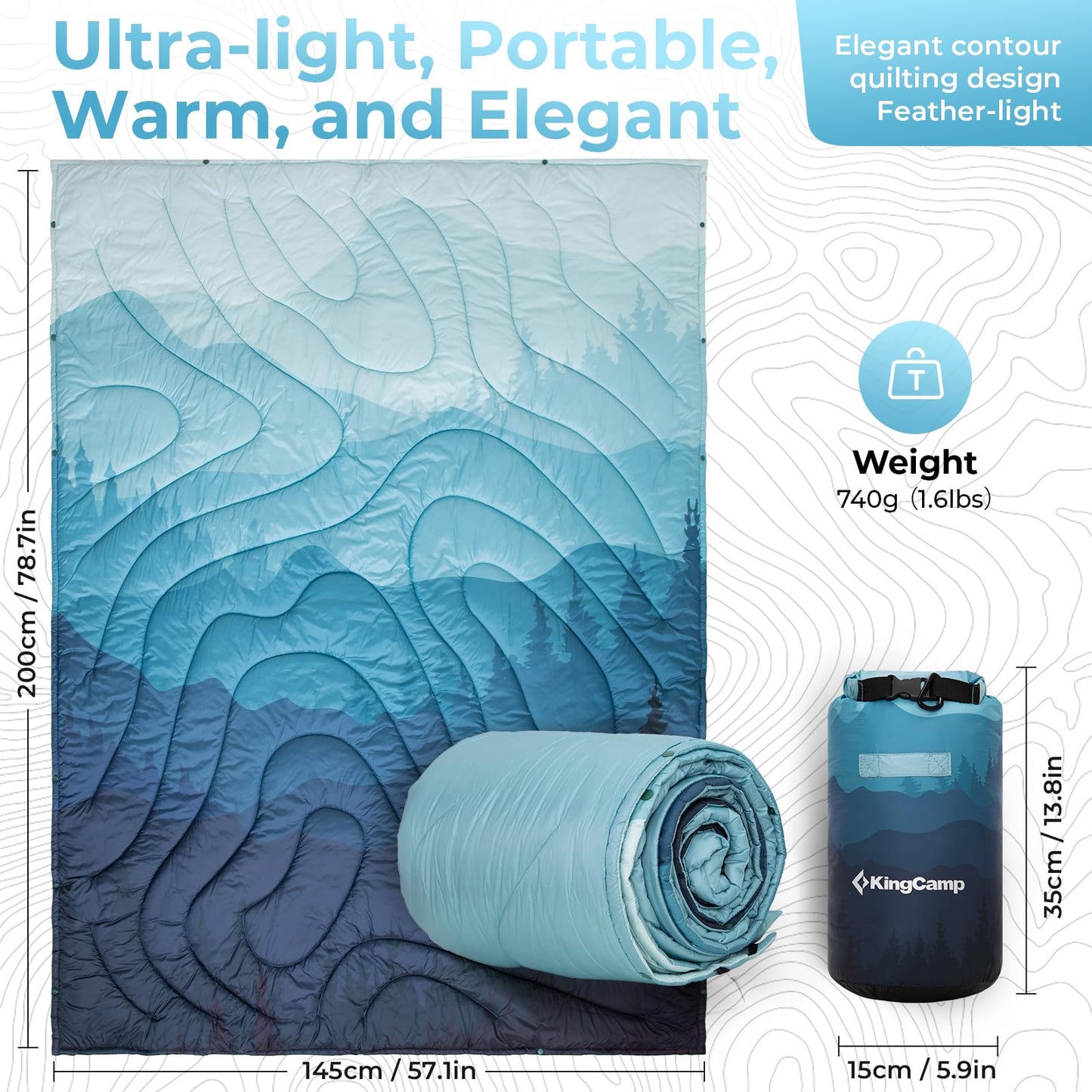 KingCamp Ultralight Camping Blanket, Packable Down Alternative Puffy Printed Wearable Blanket with Snap Buttons & Corner Loops Weatherproof Quilt for Outdoor Travel Stadium (79"L x 57”W, CYAN)