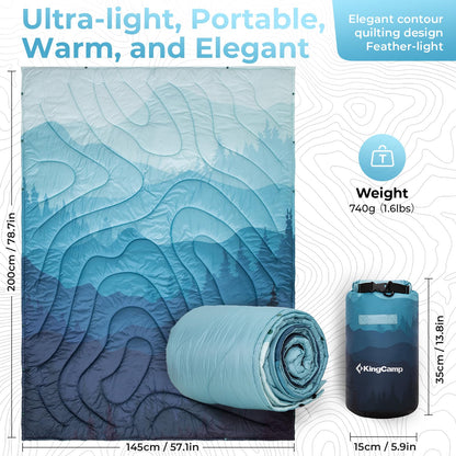 KingCamp Ultralight Camping Blanket, Packable Down Alternative Puffy Printed Wearable Blanket with Snap Buttons & Corner Loops Weatherproof Quilt for Outdoor Travel Stadium (79"L x 57”W, CYAN)