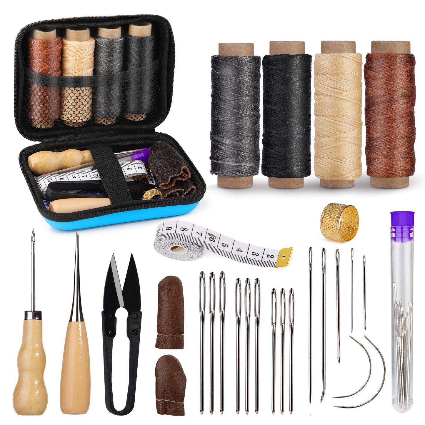 MORFEN Leather Sewing Kit, Leather Stitching Kit with Sewing Awl, Needles, Waxed Thread, Upholstery Repair Kit, Heavy Duty Sewing Tools for Hand Stitching Car Seats, Sofa, Carpets, Shoes, DIY Craft