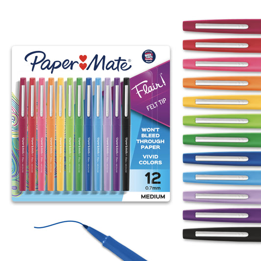 Paper Mate Flair Felt Tip Pens, Medium Point 0.7 Millimeter Marker Pens, School Supplies for Teachers & Students, Assorted Colors 12 Count