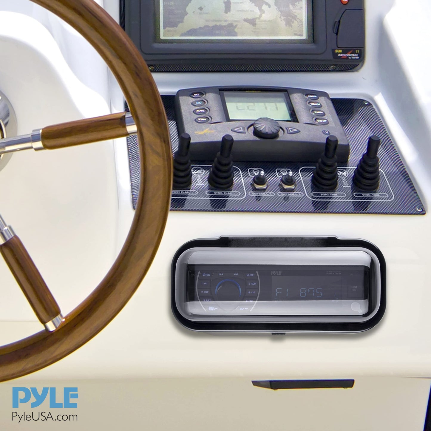 Pyle Water Resistant Marine Stereo Cover - Smoke Colored Heavy Duty Boat Radio Protector Shield with Flip-up Door & Spring Loaded Release - Mounting Gasket Included - PLMRCW1