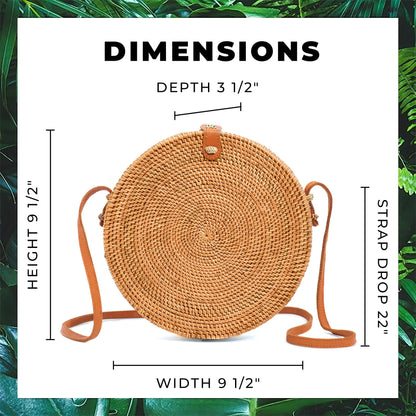 Novum Crafts Round Rattan Bag for Women - Handmade Ata Wicker Woven Purse - Circle, Square, Oval Brown Straw Boho Bags