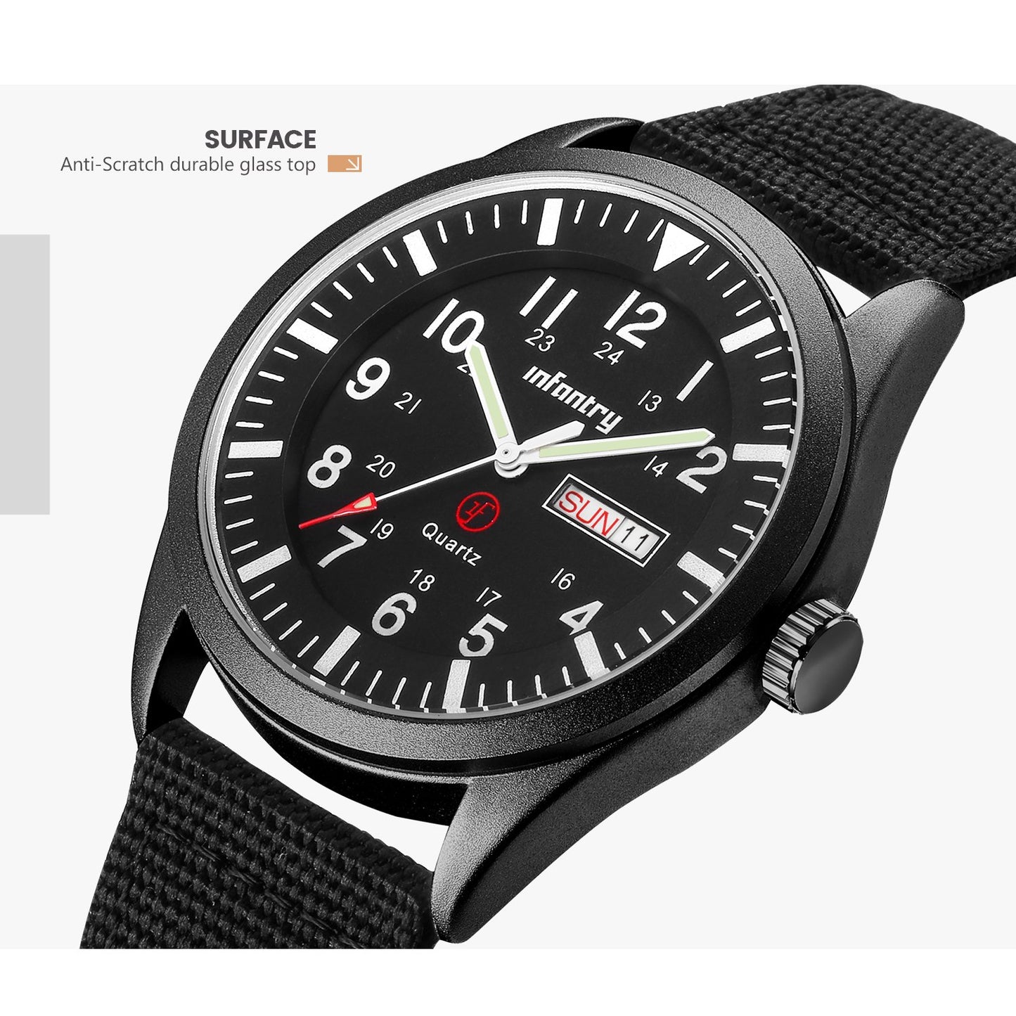 Infantry Mens Military Army Outdoor Sport Watch Field Tactical Black Wrist Watches for Men Waterproof 24 Hour Work Date Day Analog Wristwatch Nylon Band