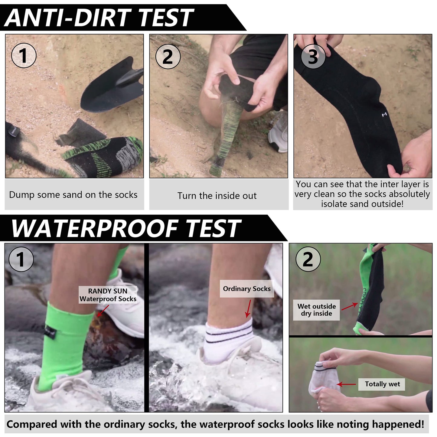 RANDY SUN Mens Waterproof Hiking Socks, Women's Skiing Camping Wading Trail Climbing Cycling Fishing Sports Windproof Business Crew Cushioned Socks, Black Grey M