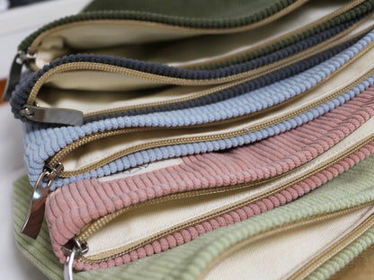 HAPPYHEIDI Creamy White Corduroy Makeup Bag Cosmetic Toiletry Travel Pouch, Make Up Accessory Purse Organizer, Canvas Lined