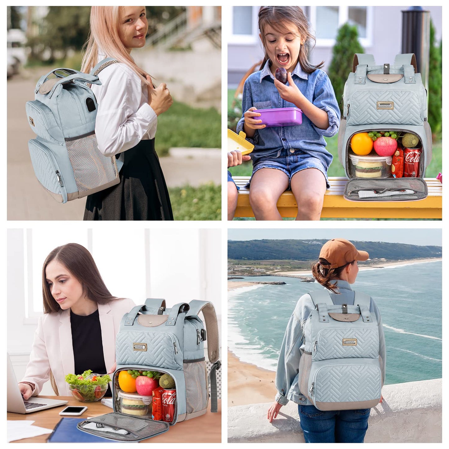 Mogplof Lunch Backpack for Women, 15.6 Inch Laptop Backpack with USB Port RFID Pocket, College Laptop Bookbag Work Travel Backpacks, Insulated Cooler Lunch Bag Gift for Business, Light Blue