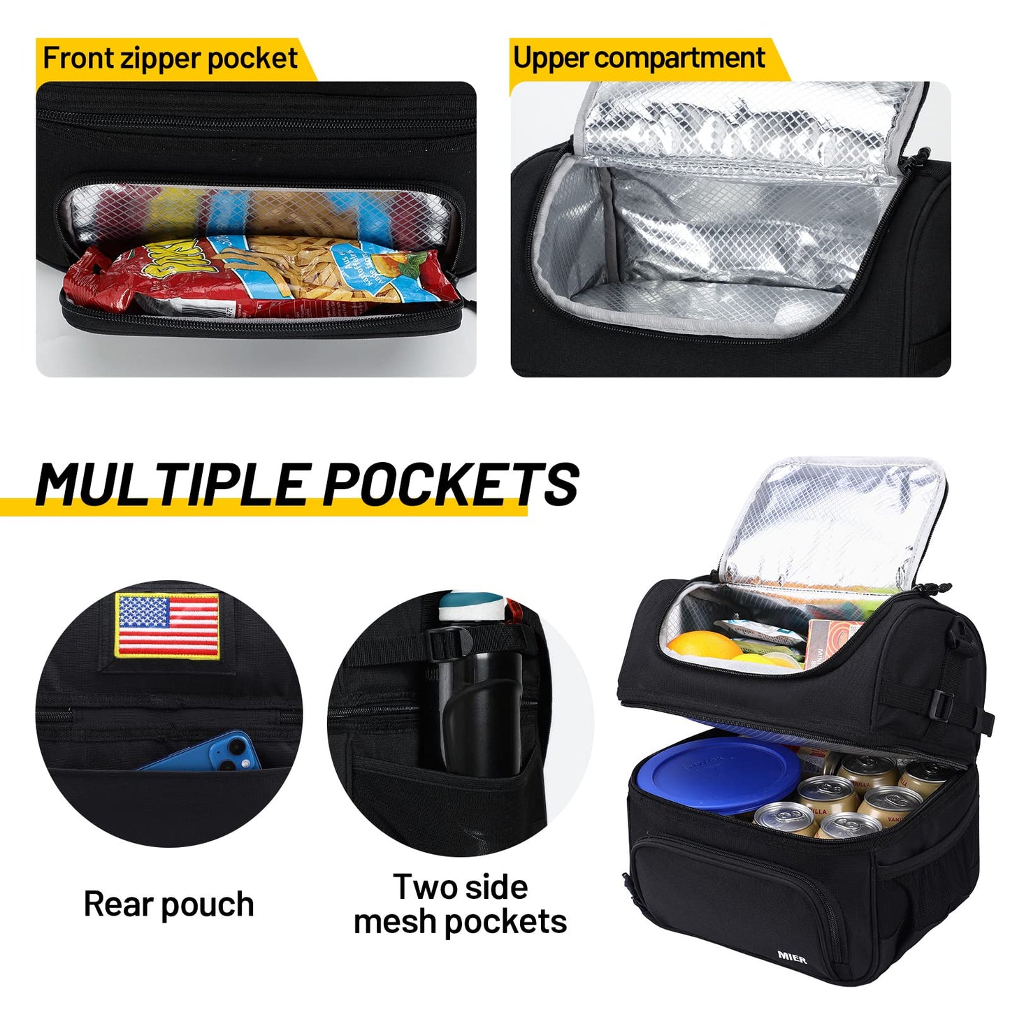 MIER Dual Compartment Lunch Bag Tote with Shoulder Strap for Men and Women Insulated Leakproof Cooler Bag, Black