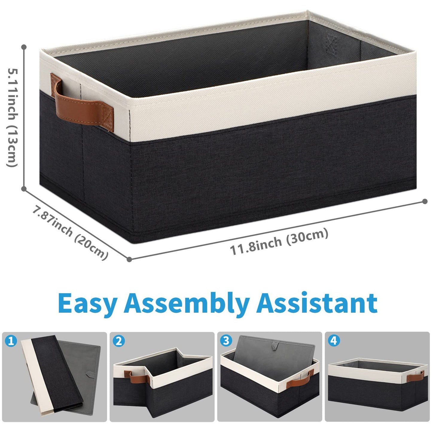 GhvyenntteS Storage Baskets for Organizing, Fabric Storage Bins with Leather H&les, Foldable Rectangular Storage Baskets for Shelves, Closets, Home, Office(Black/White, 6 Pack)11.8X7.9X5.1 in