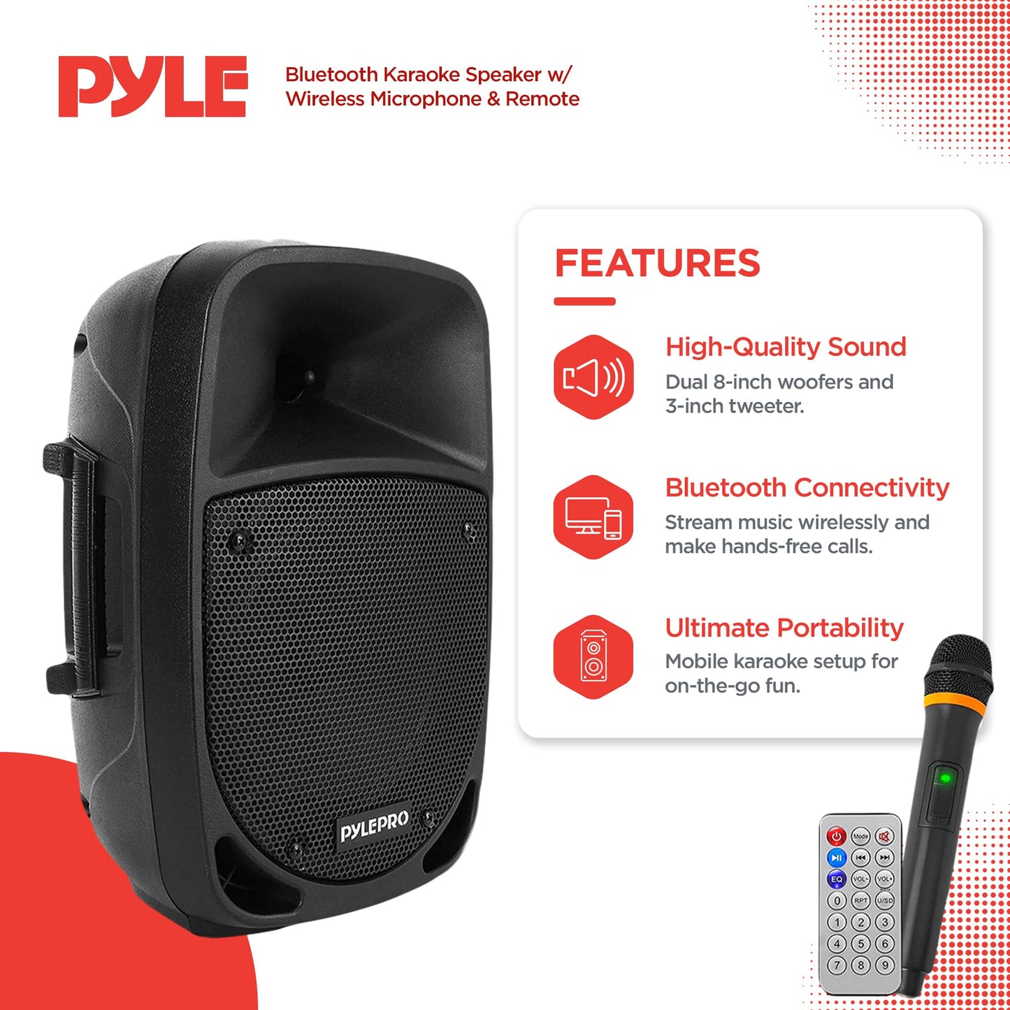 Pyle 800W Portable Bluetooth PA Speaker - 8’’ Subwoofer, LED Battery Indicator Lights w/ Built-in Rechargeable Battery, MP3/USB/SD Card Reader, and UHF Wireless Microphone - Pyle PSBT85A,Black