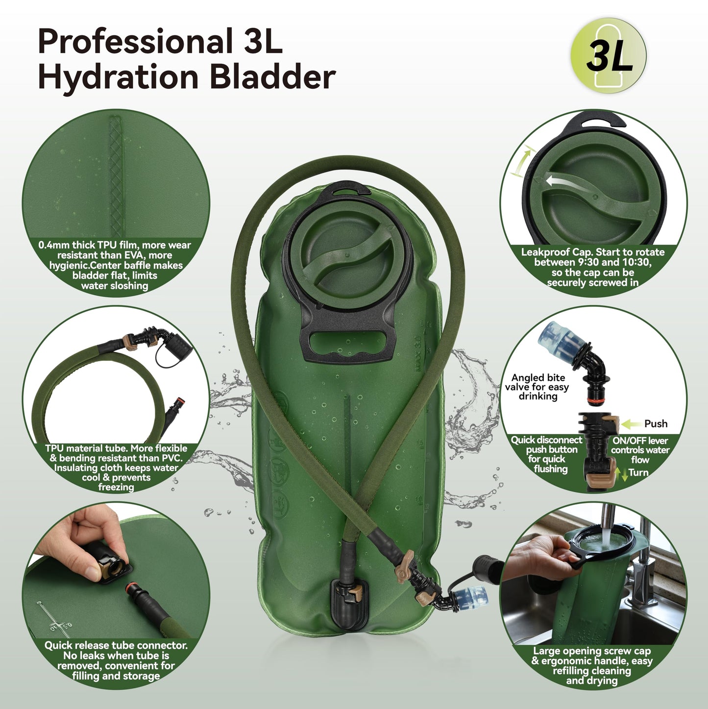 MARCHWAY Tactical Molle Hydration Pack Backpack with 3L TPU Water Bladder, Military Daypack for Cycling, Hiking, Running, Climbing, Hunting, Biking (Green)