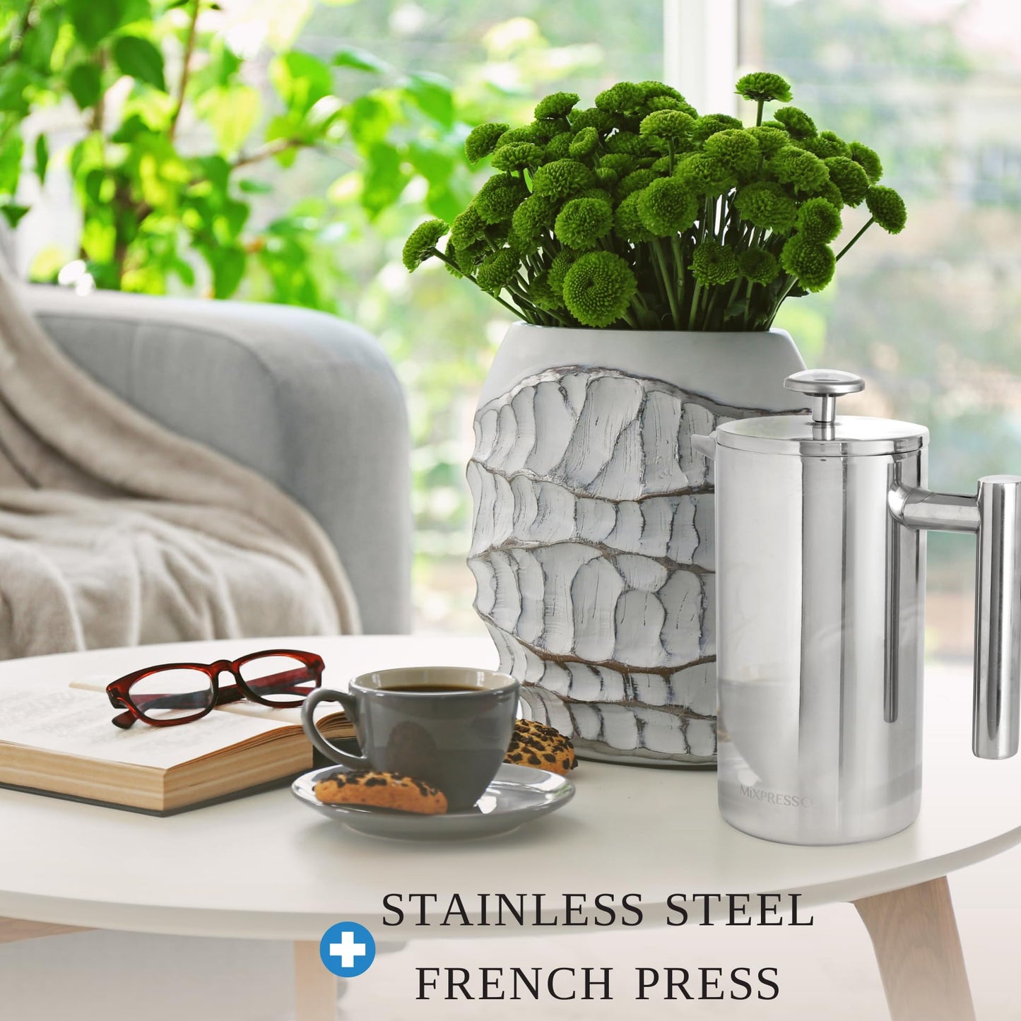 Mixpresso Stainless Steel French Press Coffee Maker 27 Oz 800 ml, Double Wall Insulated French Press Stainless Steel, Easy Clean Tea Brewer, Easy Press Durable Metal Coffee Press