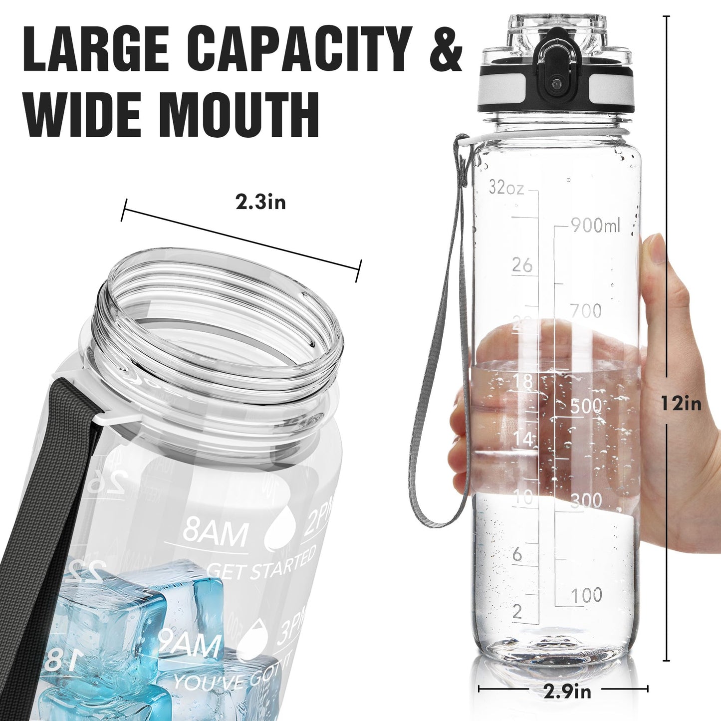 OLDLEY Water Bottle, 32oz Motivational Sports Water Bottle with Time Marker - Times to Drink - Tritan, BPA Free, Wide Mouth Leakproof, Clear (1 Bottle)