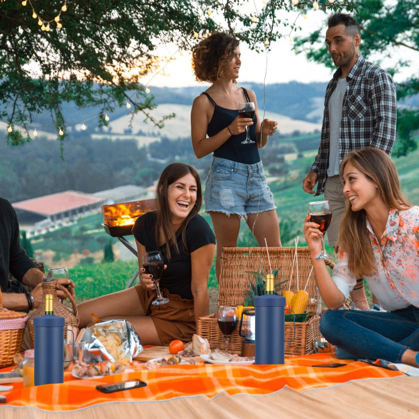 MAXSO 42oz Wine Chiller Iceless Cooler Tumbler - Gift for Wine Lovers, 2-IN-1 Stainless Steel Vacuum Insulated Bucket Portable Mug Cup Wine Accessory Keep Cold, Fit Most 750ml Wine & Champagnes, Blue