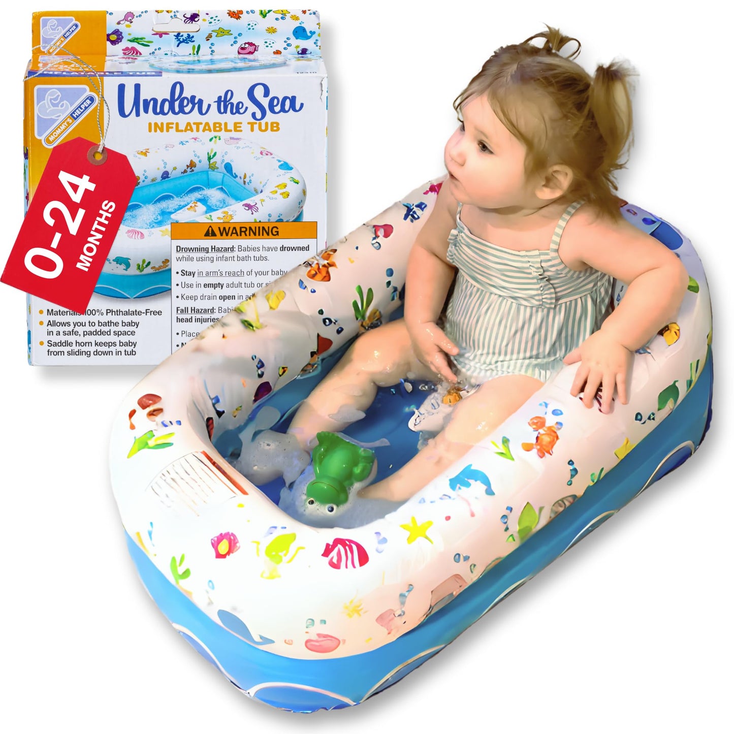 Mommy's Helper | Inflatable Under The Sea Baby Bathtub, Collapsible Safe Baby Bath Tub with Anti-Sliding Saddle Horn Seat, Must Have Travel Toddler Bath, Portable Bathtub Recommended Months 6 to 24