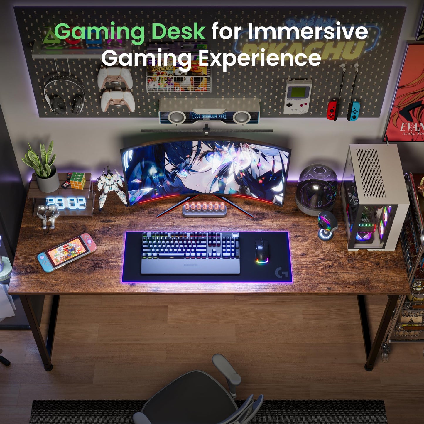 Huuger Computer Desk, 55 Inch Home Office Desk, Gaming Writing Work from Home Study Desk, Large Legroom, Sturdy Metal Frame, Modern Simple, Rustic Brown