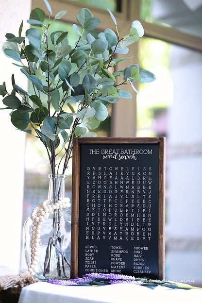 Lavender Inspired Word Search - Rustic Farmhouse Wooden Sign - Funny Wall Art Decor - Half Bath Sign - Kids Bathroom Decor - Housewarming Present (BLACK)