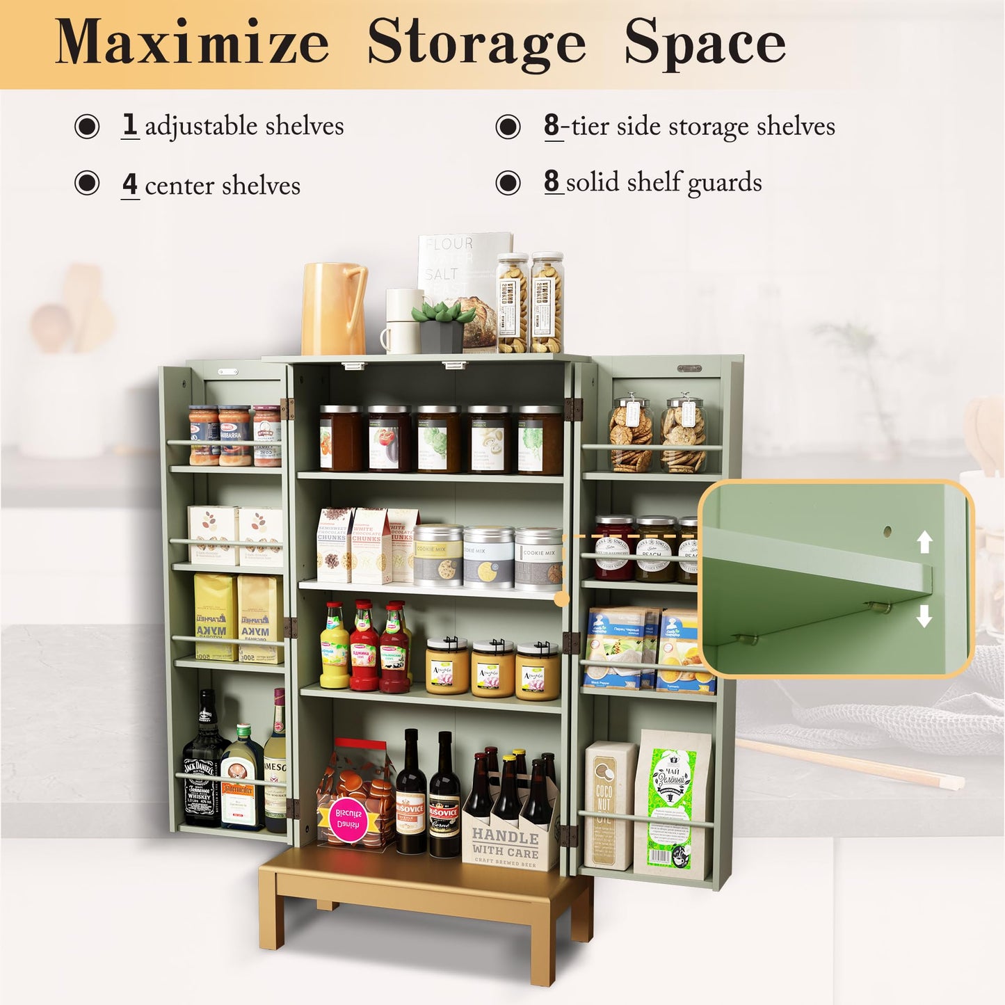HOLTICO 45'' Kitchen Food Pantry Storage Cabinet with Doors and Adjustable Shelves for Kitchen,Dining Room,Living Room and Garage,Gold Lines and Legs,Green.