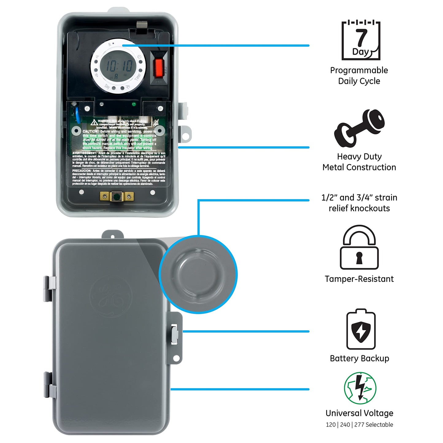 GE 7-Day Digital Pool Timer, 2HP 40A Load Capacity Pump Switch, Outdoor NEMA 3R-Rated Box, Universal Voltage Replacement, Water Heater Control, Tamper Resistant Metal, 46537