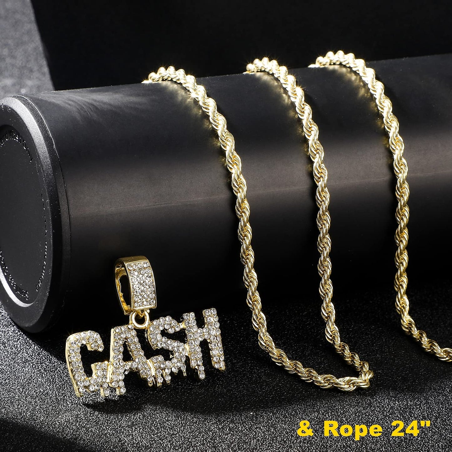 HH BLING EMPIRE Iced Out Name Pendant Chain Necklaces for Men Gold Silver Diamond Letter Necklace Hip Hop Cash Rope Chains 24 Inch (Cash-Gold,& Rope)