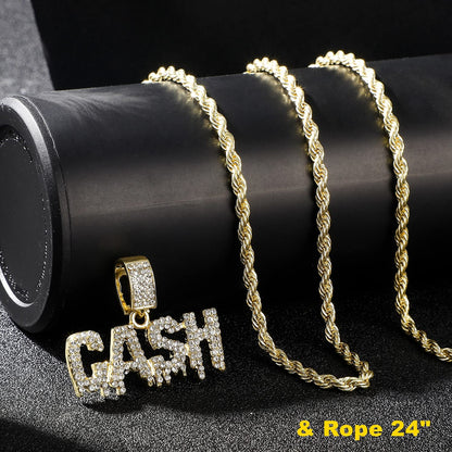 HH BLING EMPIRE Iced Out Name Pendant Chain Necklaces for Men Gold Silver Diamond Letter Necklace Hip Hop Cash Rope Chains 24 Inch (Cash-Gold,& Rope)